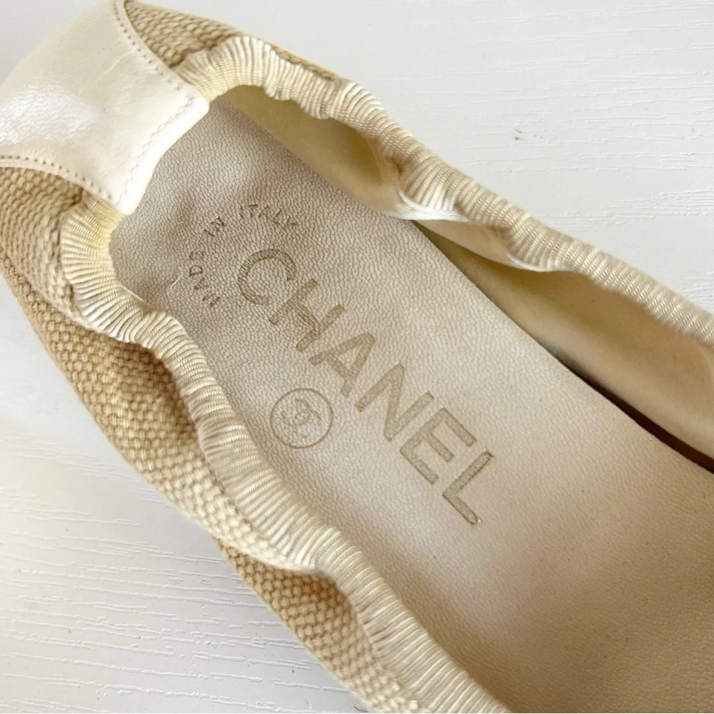 Chanel Low Block Heel Pumps Beige Fabric CC Cap Toe Bow EU 36.5C US 6.5